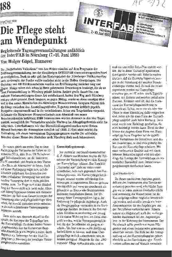 Vorschauseite 1: InterFAB 1988: Die Pflege steht am Wendepunkt Begleitende Tagesveranstaltungen anläßlich der InterFAB in Nürnberg
