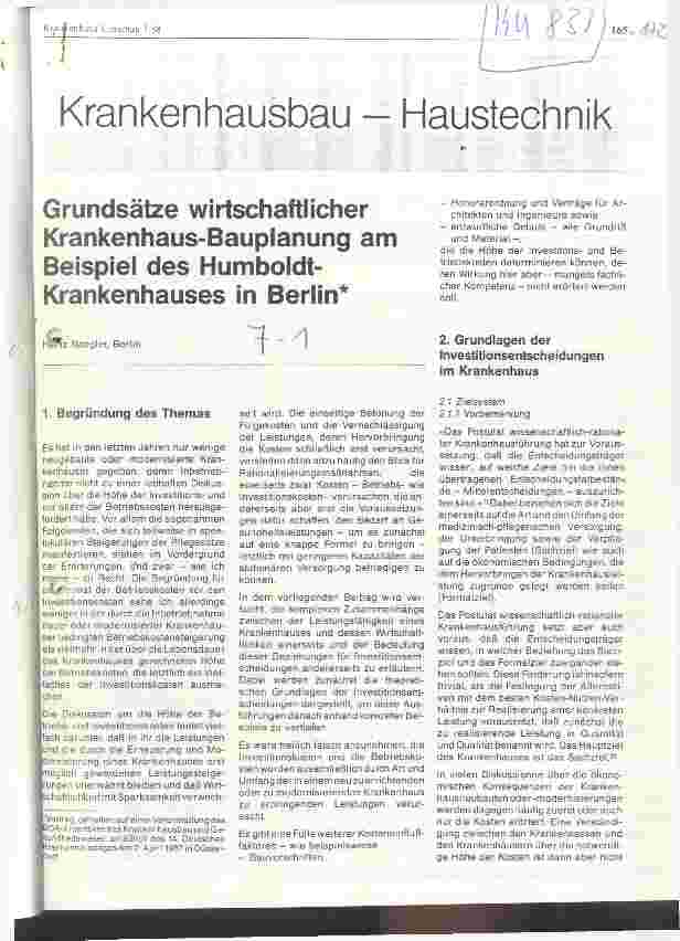 Vorschauseite 1: Grundsätze wirtschaftlicher Krankenhaus-Bauplanung am Beispiel des Humboldt-Krankenhauses in Berlin