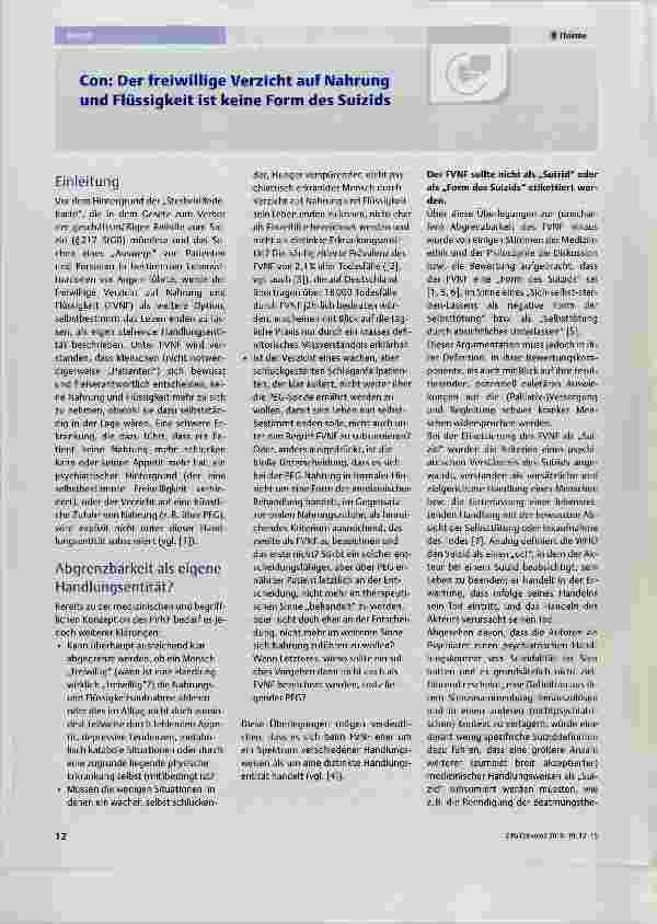 Vorschauseite 1: Con: Der freiwillige Verzicht auf Nahrung und Fiüssigkeit ist keine Form des Suizids