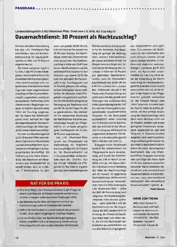 Vorschauseite 1: Dauernachtdienst: 30 Prozent als Nachtzuschlag?