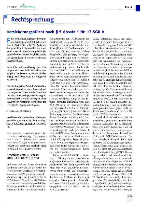 Vorschauseite 1: Versicherungspflicht nach § 5 Absatz 1 Nr. 13 SGB V