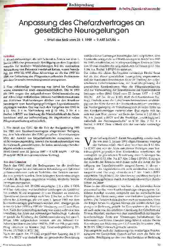 Vorschauseite 1: Anpassung des Chefarztvertrages an gesetzliche Neuregelungen