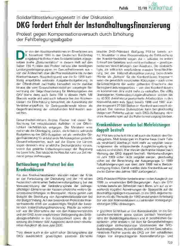 Vorschauseite 1: DKG fordert Erhalt der Instandhaltungsfinanzierung Protest gegen Kompensationsversuch durch Erhöhung der Fehlbelegungsabgabe