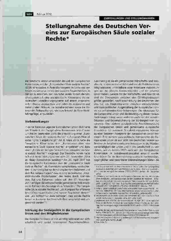 Vorschauseite 1: Stellungnahme des Deutschen Vereins zur Europäischen Säule sozialer Rechte