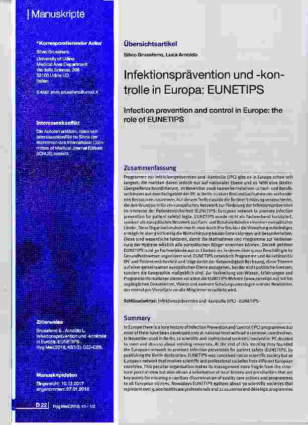 Vorschauseite 1: Infektionsprävention und -Kontrolle in Europa: EUNETIPS