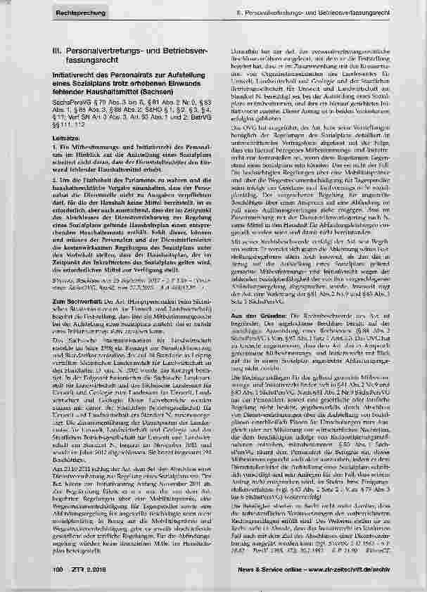 Vorschauseite 1: Initiativrecht des Personalrats zur Aufstellung eines Sozialplans trotz erhobenen Einwands fehlender Haushaltsmittel (Sachsen)