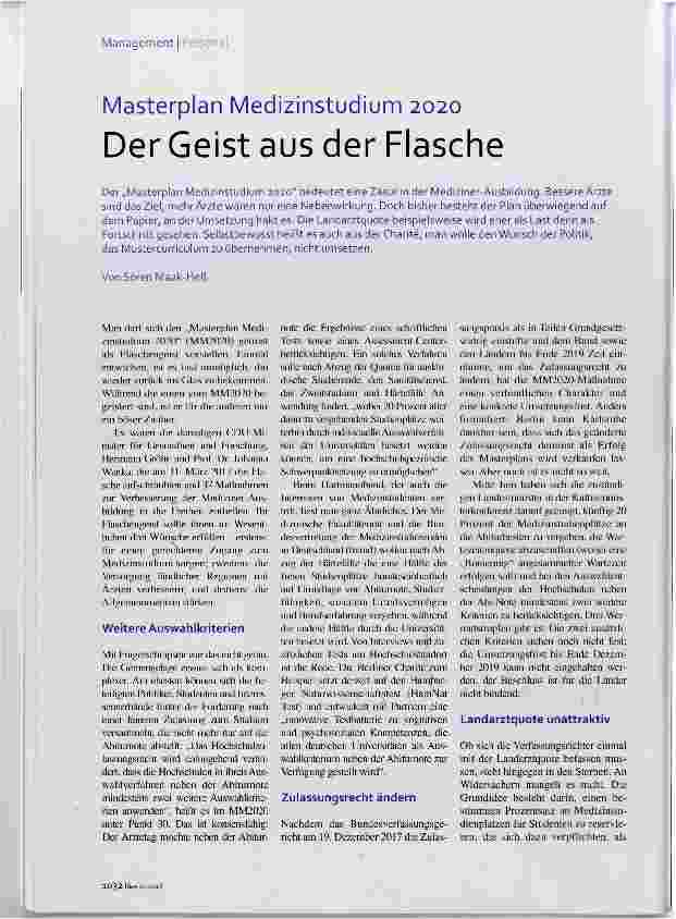 Vorschauseite 1: Masterplan Medizinstudium 2020 Der Geist aus der Flasche