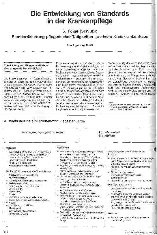 Vorschauseite 1: Die Entwicklung von Standards in der Krankenpflege 8. Folge (Schluß) Standardisierung pflegerischer Tätigkeiten