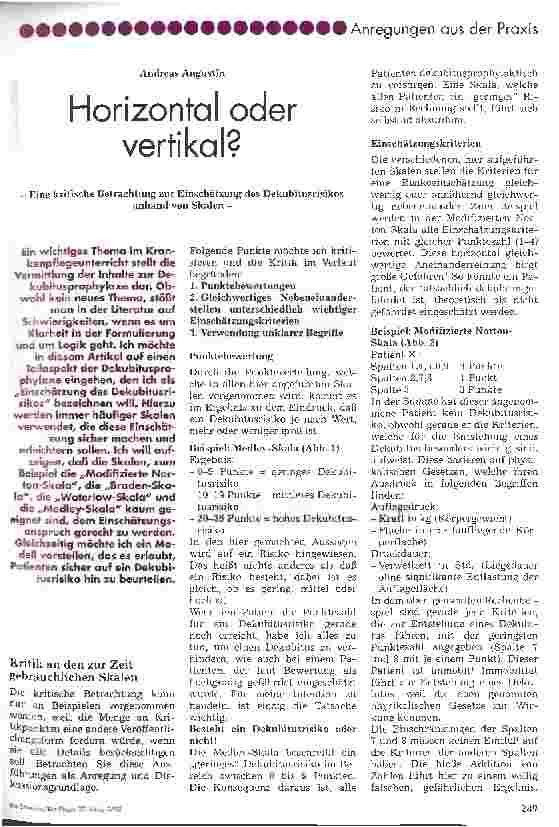 Vorschauseite 1: Horizontal oder vertikal? Eine kritische Betrachtung zur Einschätzung des Dekubitusrisikos anhand von Skalen