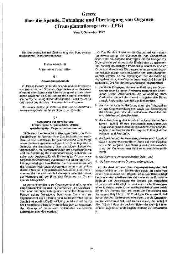 Vorschauseite 1: Gesetz über die Spende, Entnahme und Übertragung von Organen (Transplantationsgesetz - TPG) vom 5.November 1997