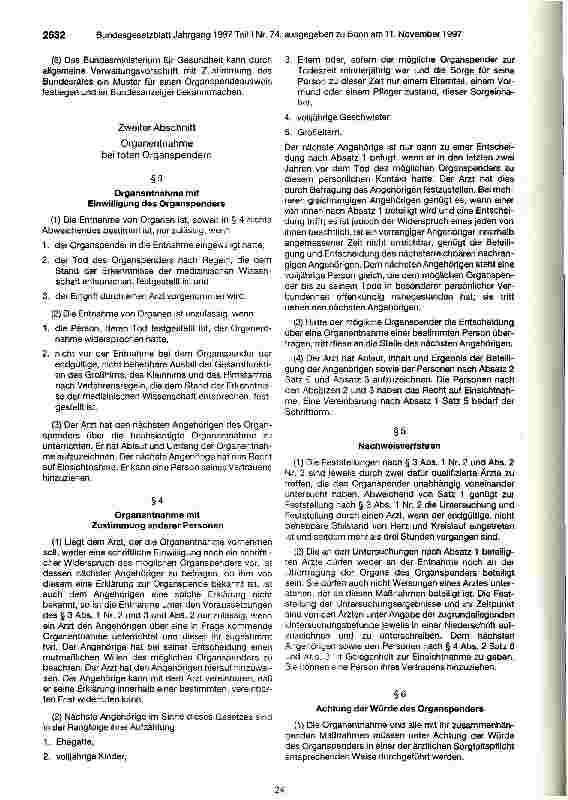 Vorschauseite 2: Gesetz über die Spende, Entnahme und Übertragung von Organen (Transplantationsgesetz - TPG) vom 5.November 1997