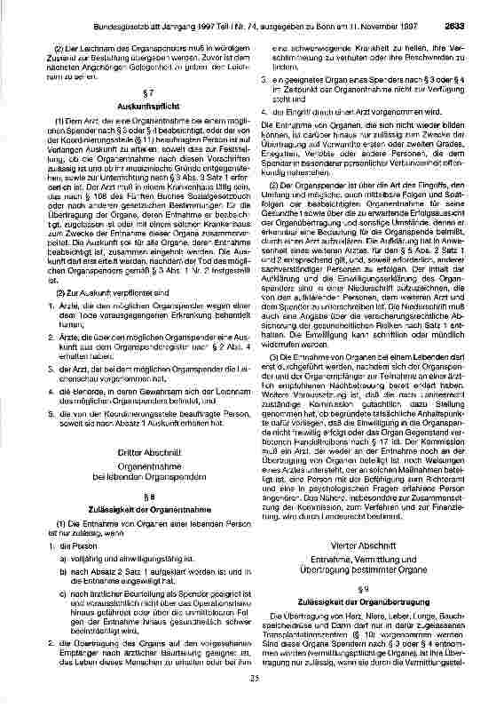 Vorschauseite 3: Gesetz über die Spende, Entnahme und Übertragung von Organen (Transplantationsgesetz - TPG) vom 5.November 1997