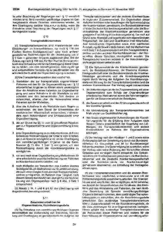 Vorschauseite 4: Gesetz über die Spende, Entnahme und Übertragung von Organen (Transplantationsgesetz - TPG) vom 5.November 1997