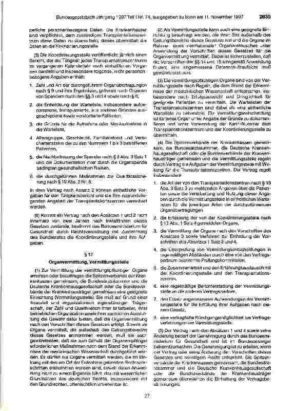 Vorschauseite 5: Gesetz über die Spende, Entnahme und Übertragung von Organen (Transplantationsgesetz - TPG) vom 5.November 1997