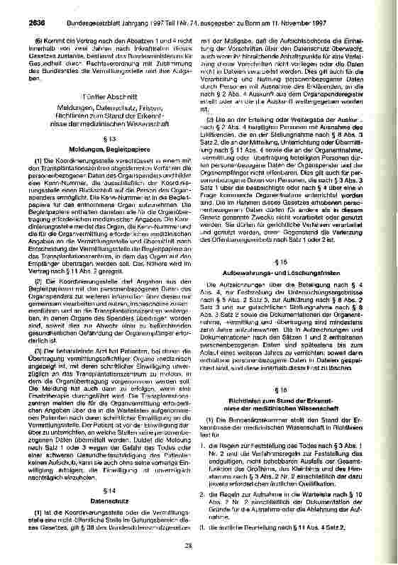 Vorschauseite 6: Gesetz über die Spende, Entnahme und Übertragung von Organen (Transplantationsgesetz - TPG) vom 5.November 1997