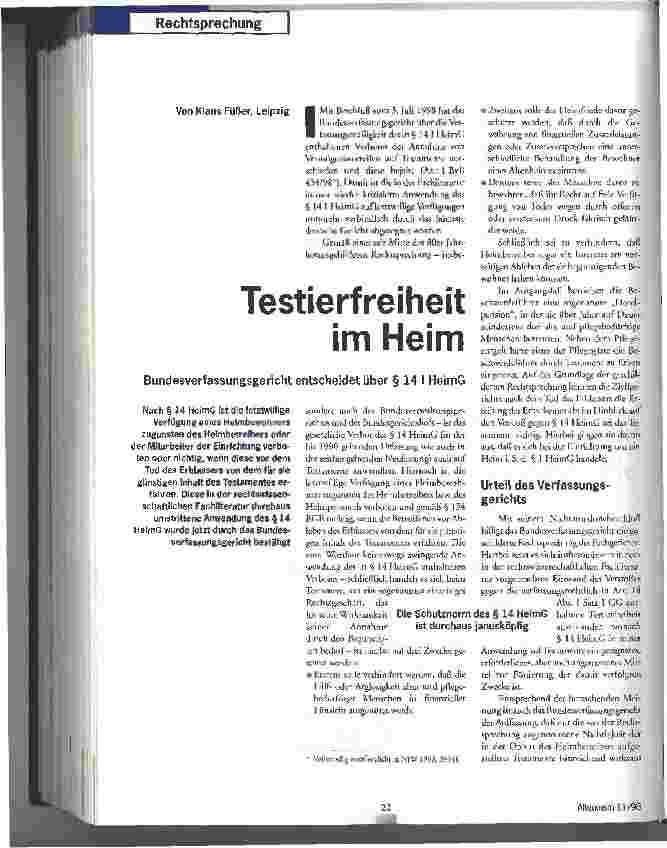 Vorschauseite 1: Testierfreiheit im Heim Bundesverfassungsgericht entscheidet über  14 I HeimG