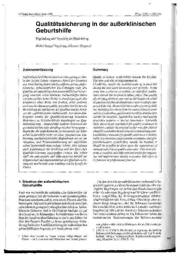 Vorschauseite 1: Qualitätssicherung in der außerklinischen Geburtshilfe Begründung und Vorschlag der Realisierung