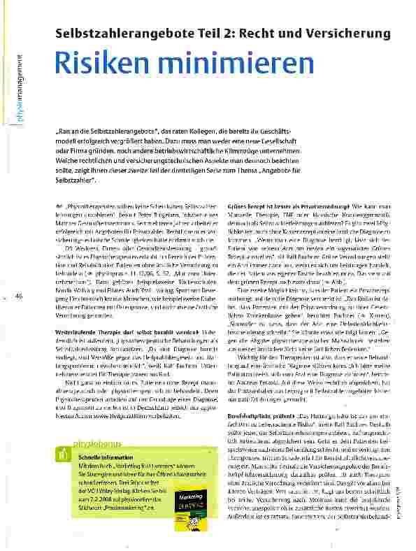 Vorschauseite 1: Selbstzahlerangebote Teil 2: Recht und Versicherung Risiken minimieren