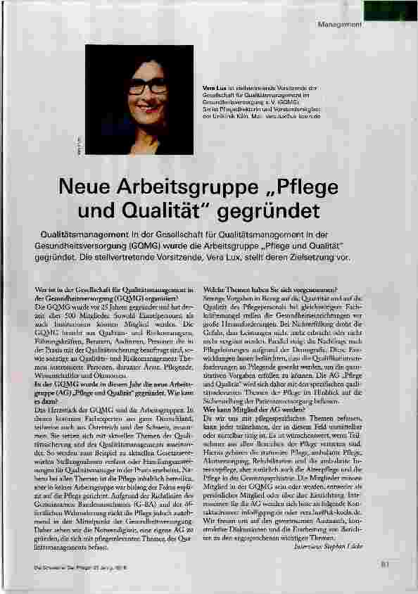 Vorschauseite 1: Neue Arbeitsgruppe „Pflege und Qualität gegründet