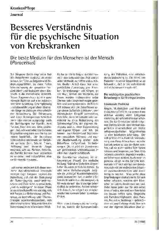 Vorschauseite 1: Besseres Verständnis für die psychische Situation von Krebskranken