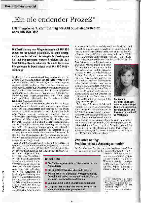 Vorschauseite 1: Ein nie endender Prozeß Erfahrungsbericht: Zertifizierung der JUH Sozialstation Beelitz nach DIN ISO 9002