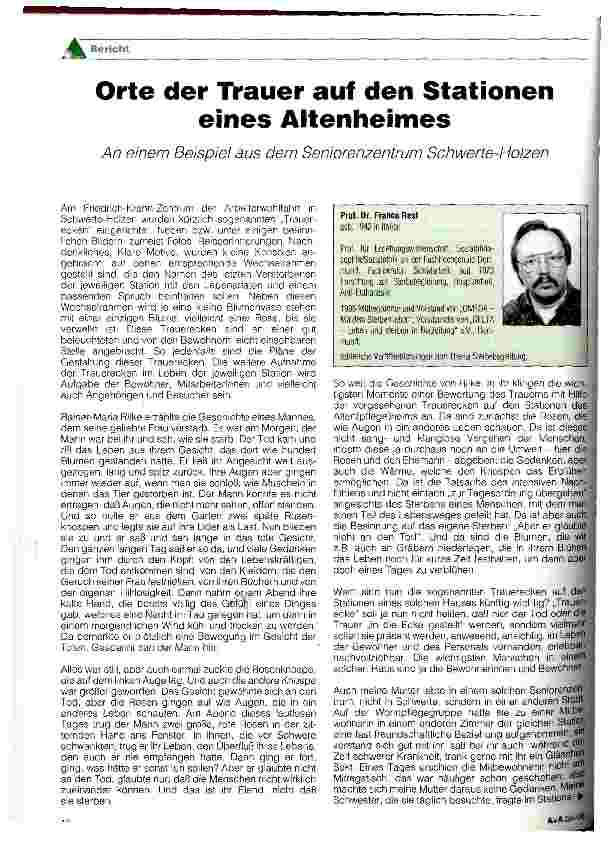 Vorschauseite 1: Orte der Trauer auf den Stationen eines Altenheimes An einem Beispiel aus dem Seniorenzentrum Schwerte-Holzen