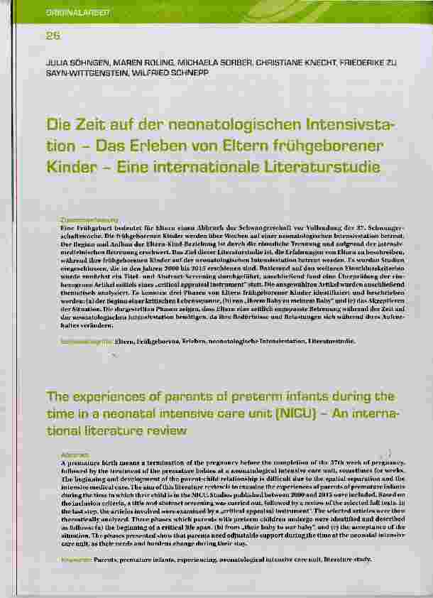 Vorschauseite 1: Die Zeit auf der neonatologischen Intensivstation Das Erleben von Eltern frühgeborener Kinder - Eine internationale Literaturstudie