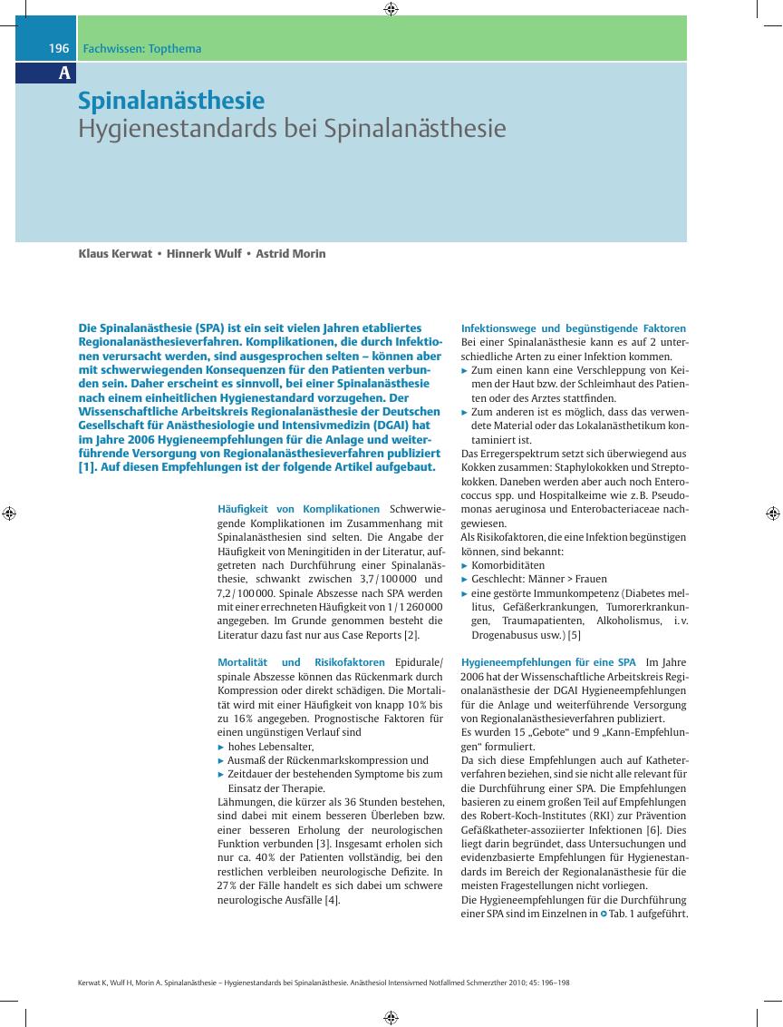 Vorschauseite 1: Spinalanästhesie – Hygienestandards bei Spinalanästhesie