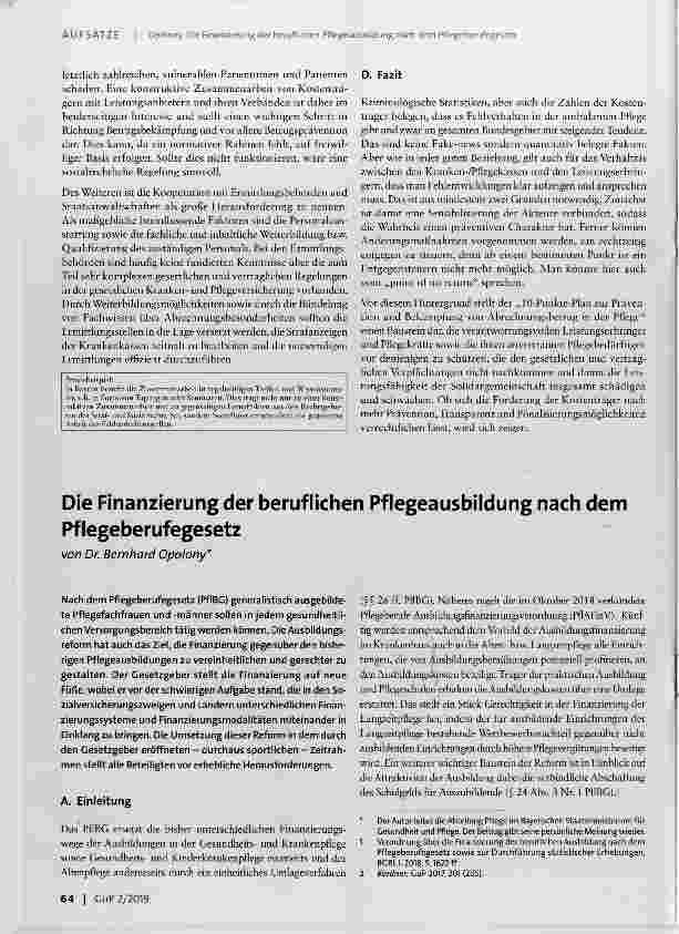Vorschauseite 1: Die Finanzierung der beruflichen Pflegeausbildung nach dem Pflegeberufegesetz