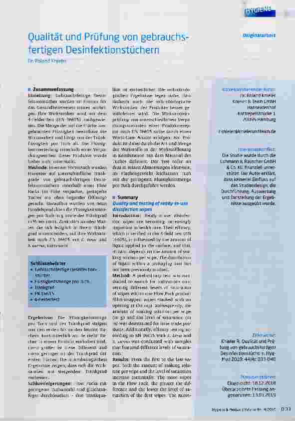 Vorschauseite 1: Qualität und Prüfung von gebrauchsfertigen Desinfektionstüchern