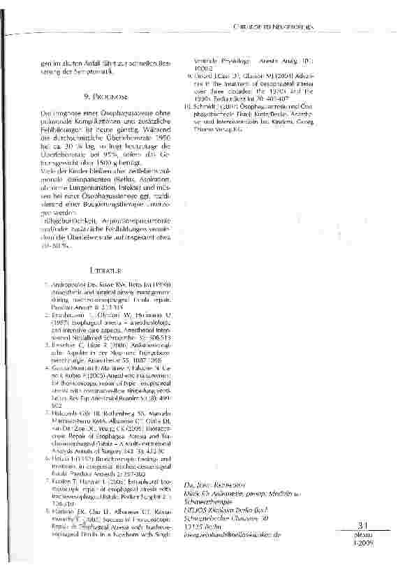Vorschauseite 5: CHIRURGIE BEI NEUGEBORENEN ANÄSTHESIOLOGISCHE ASPEKTE: ÖSOPHAGUSATRESIE