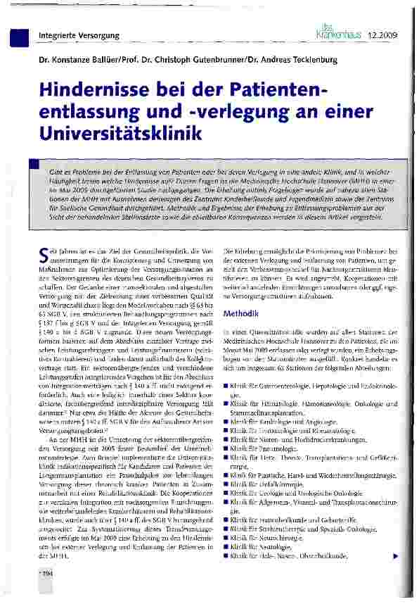 Vorschauseite 1: Hindernisse bei der Patientenentlassung und -Verlegung an einer Universitätsklinik