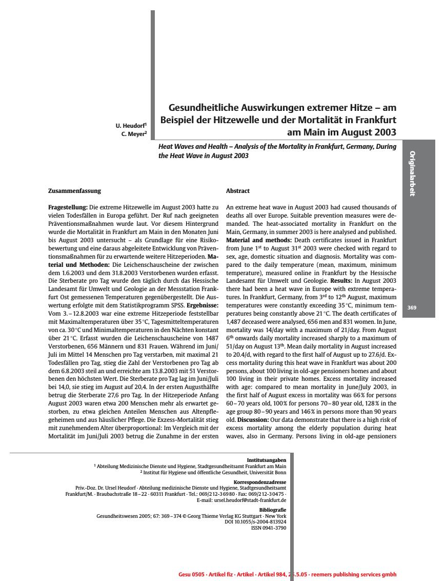Vorschauseite 1: Gesundheitliche Auswirkungen extremer Hitze - am Beispiel der Hitzewelle und der Mortalität in Frankfurt am Main im August 2003