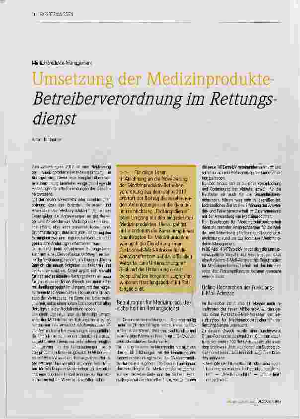 Vorschauseite 1: Umsetzung der Medizinprodukte- BetreiberverOrdnung Im Rettungsdienst