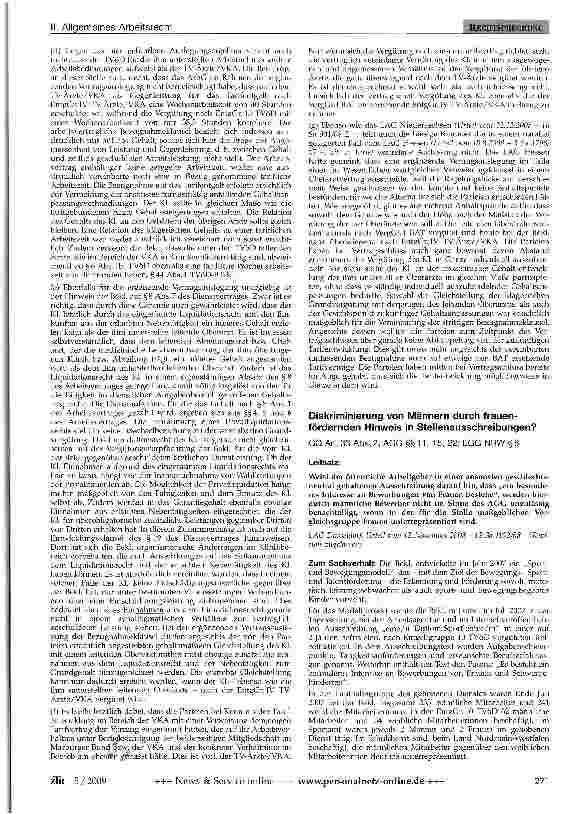 Vorschauseite 1: Diskriminierung von Männern durch frauenfördernden Hinweis in Stellenausschreibungen?GG Art. 33 Abs. 2; AGG §§11,15, 22; LGG NRW § 8