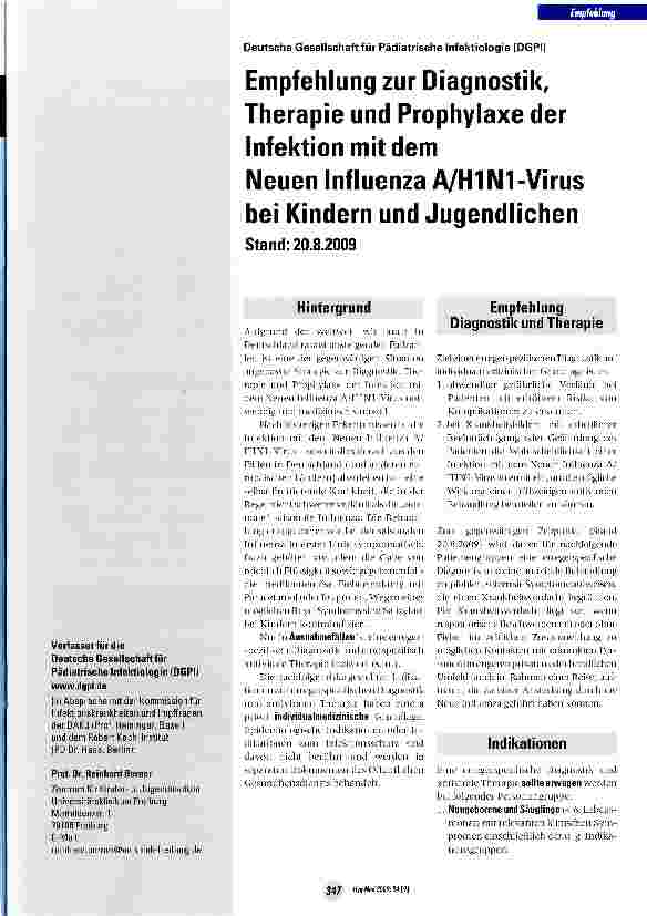Vorschauseite 1: Empfehlung zur Diagnostik, Therapie und Prophylaxe der Infektion mit dem Neuen Influenza A/Hl N1-Virus bei Kindern und Jugendlichen