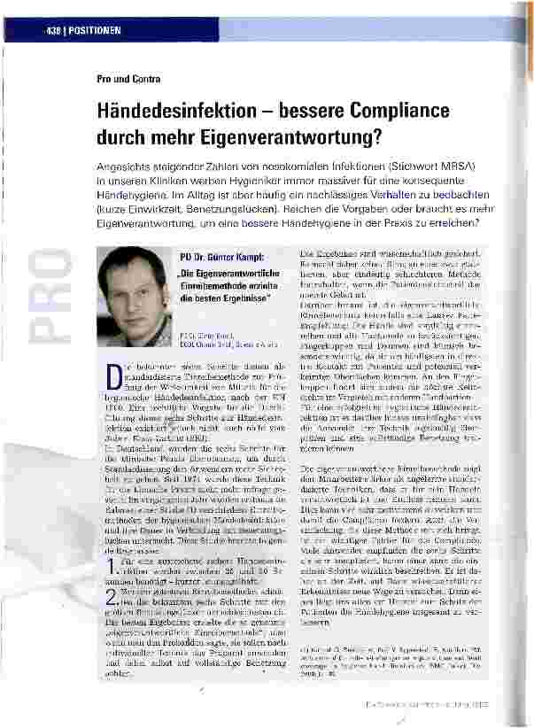 Vorschauseite 1: Pro und ContraHändedesinfektion - bessere Compliance durch mehr Eigenverantwortung?