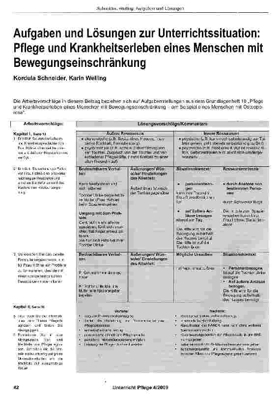 Vorschauseite 1: Aufgaben und Lösungen zur Unterrichtssituation: Pflege und Krankheitserleben eines Menschen mit Bewegungseinschränkung