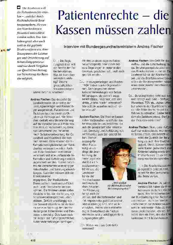 Vorschauseite 1: Patientenrechte - die Kassen müssen zahlen Interview mit Bundesgesundheitsministerin Andrea Fischer