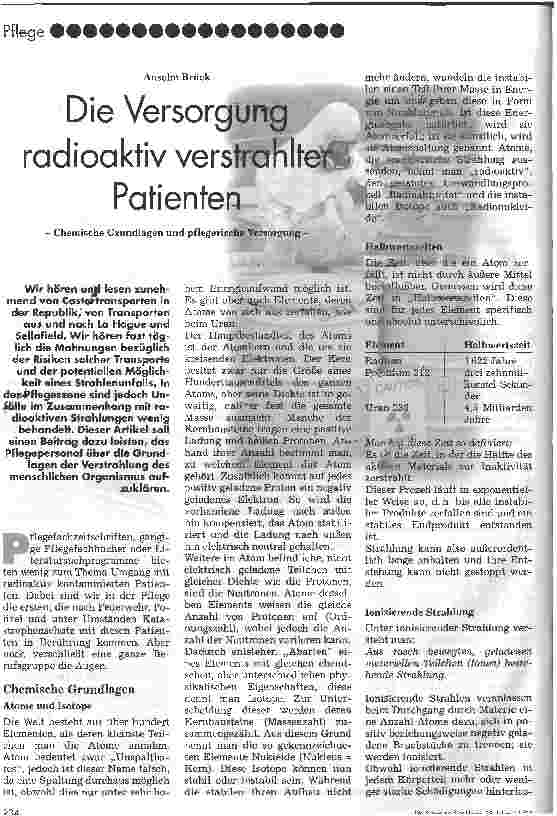 Vorschauseite 1: Die Versorgung radioaktiv verstrahlter Patienten Chemische Grundlagen und pflegerische Versorgung