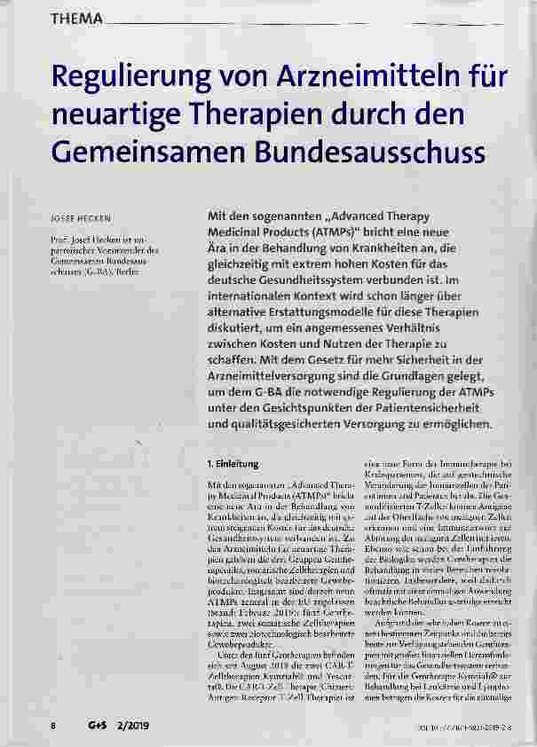 Vorschauseite 1: Regulierung von Arzneimitteln für neuartige Therapien durch den Gemeinsamen Bundesausschuss