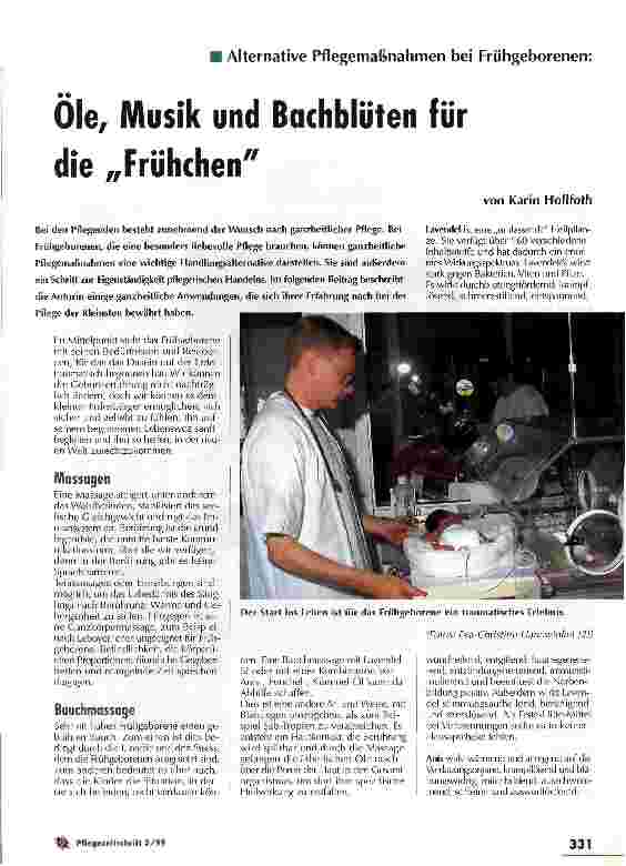 Vorschauseite 1: Öle, Musik und Bachblüten für die Frühchen Alternative Pflegemaßnahmen bei Frühgeborenen