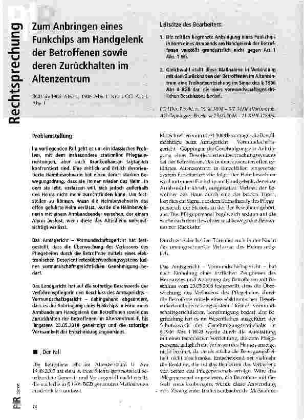 Vorschauseite 1: Zum Anbringen eines Funkchips am Handgelenk der Betroffenen sowie deren Zurückhalten im Altenzentrum