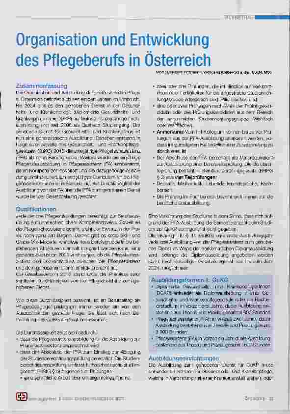 Vorschauseite 1: Organisation und Entwicklung des Pflegeberufs in Österreich