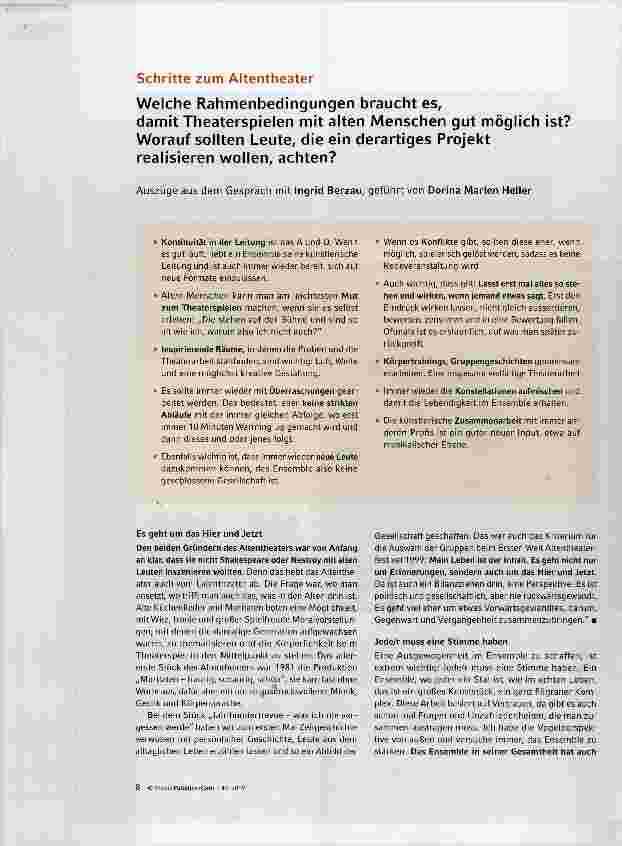 Vorschauseite 1: Welche Rahmenbedingungen braucht es, damit Theaterspielen mit alten Menschen gut möglich ist? Worauf sollten Leute, die ein derartiges Projekt realisieren wollen, achten?