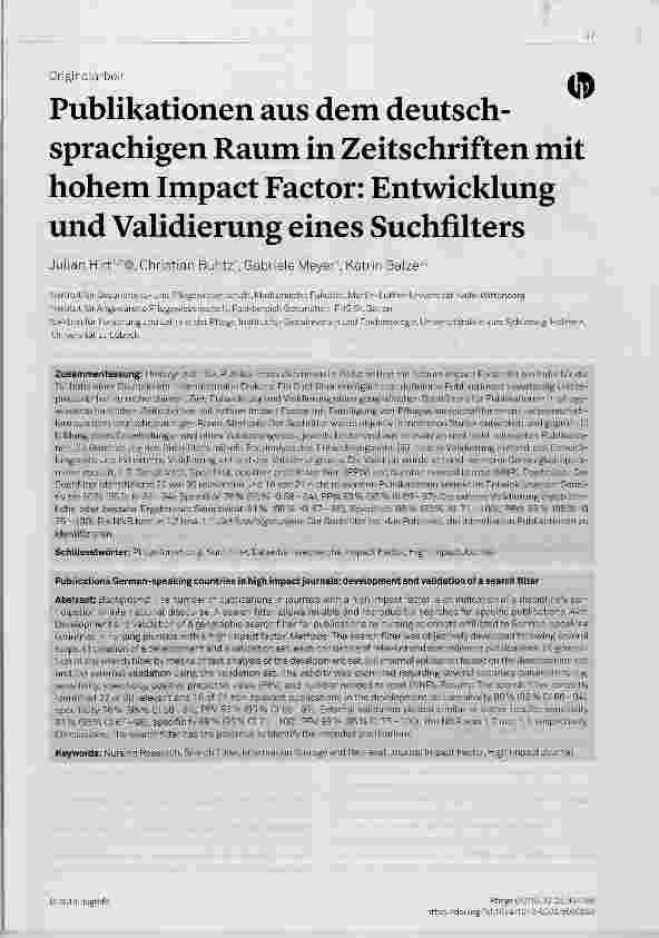 Vorschauseite 1: Publikationen aus dem deutschsprachigen Raum in Zeitschriften mit hohem Impact Factor: Entwicklung und Validierung eines Suchfilters