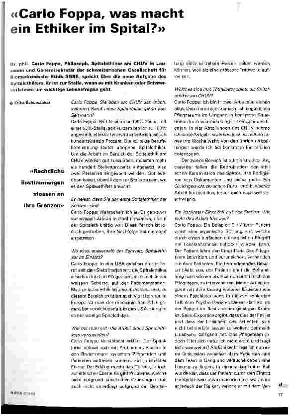 Vorschauseite 1: Carlo Foppa, was macht ein Ethiker im Spital?
