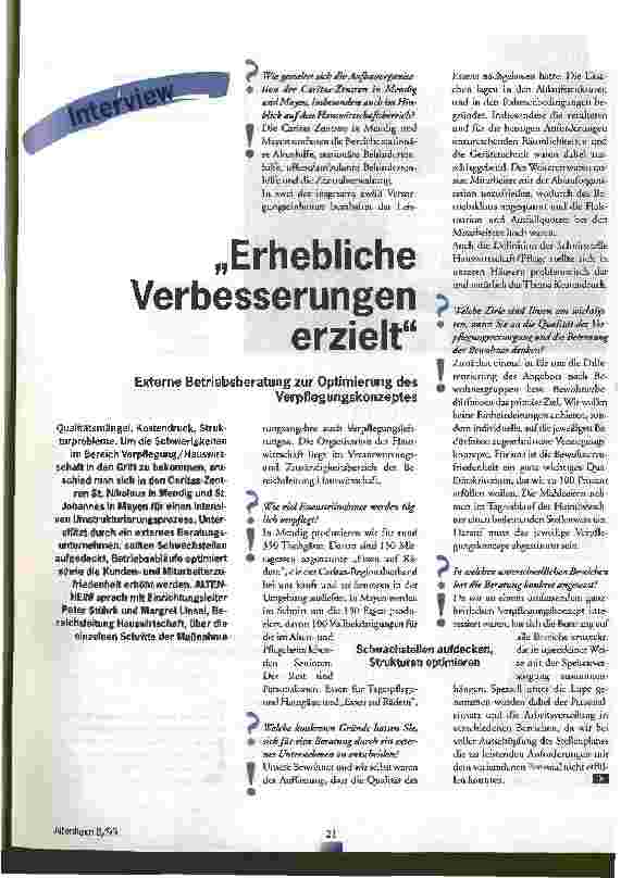 Vorschauseite 1: Erhebliche Verbesserungen erzielt Externe Betriebsberatung zur Optimierung des Verpflegungskonzeptes
