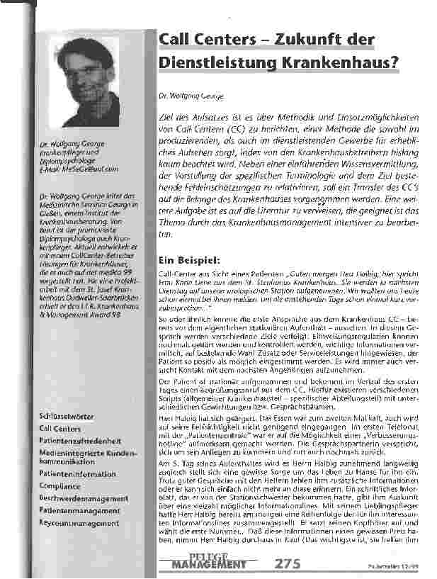 Vorschauseite 1: Call Centers - Zukunft def Dienstleistung Krankenhaus?