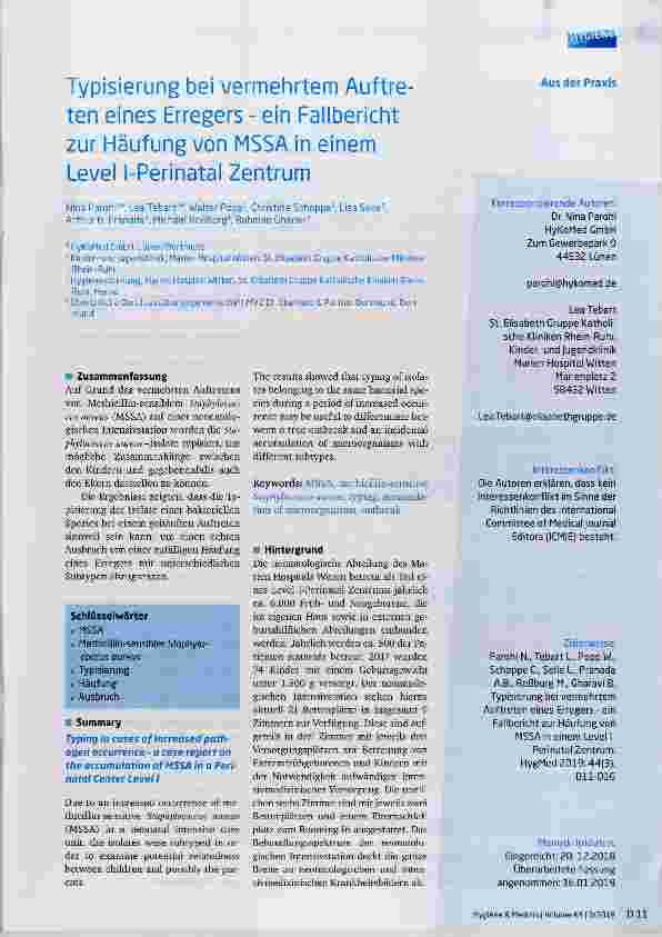 Vorschauseite 1: Typisierung bei vermehrtem Auftreten eines Erregers-ein Fallbericht zur Häufung von MSSA in einem Level I-Perinatal Zentrum